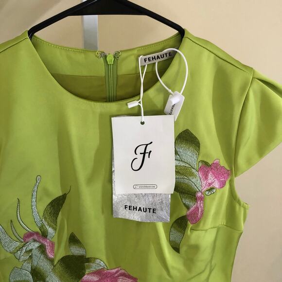 Fehaute NWT Women's Green Floral Embroidered Cap Sleeve Slit Sheath Maxi Dress 2 - Picture 3 of 10